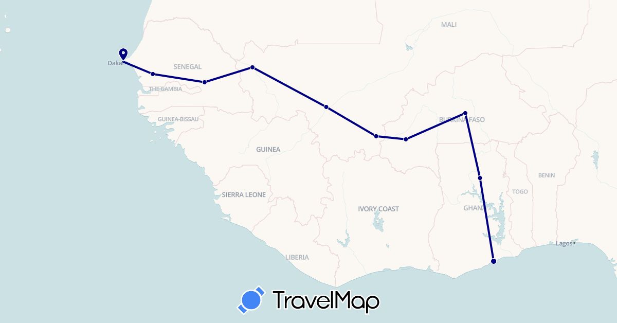 TravelMap itinerary: driving in Burkina Faso, Ghana, Mali, Senegal (Africa)